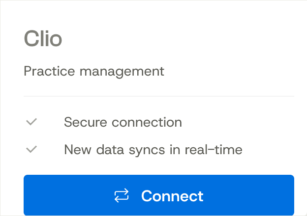 Clio practice management card with a Connect button and read-only sync details